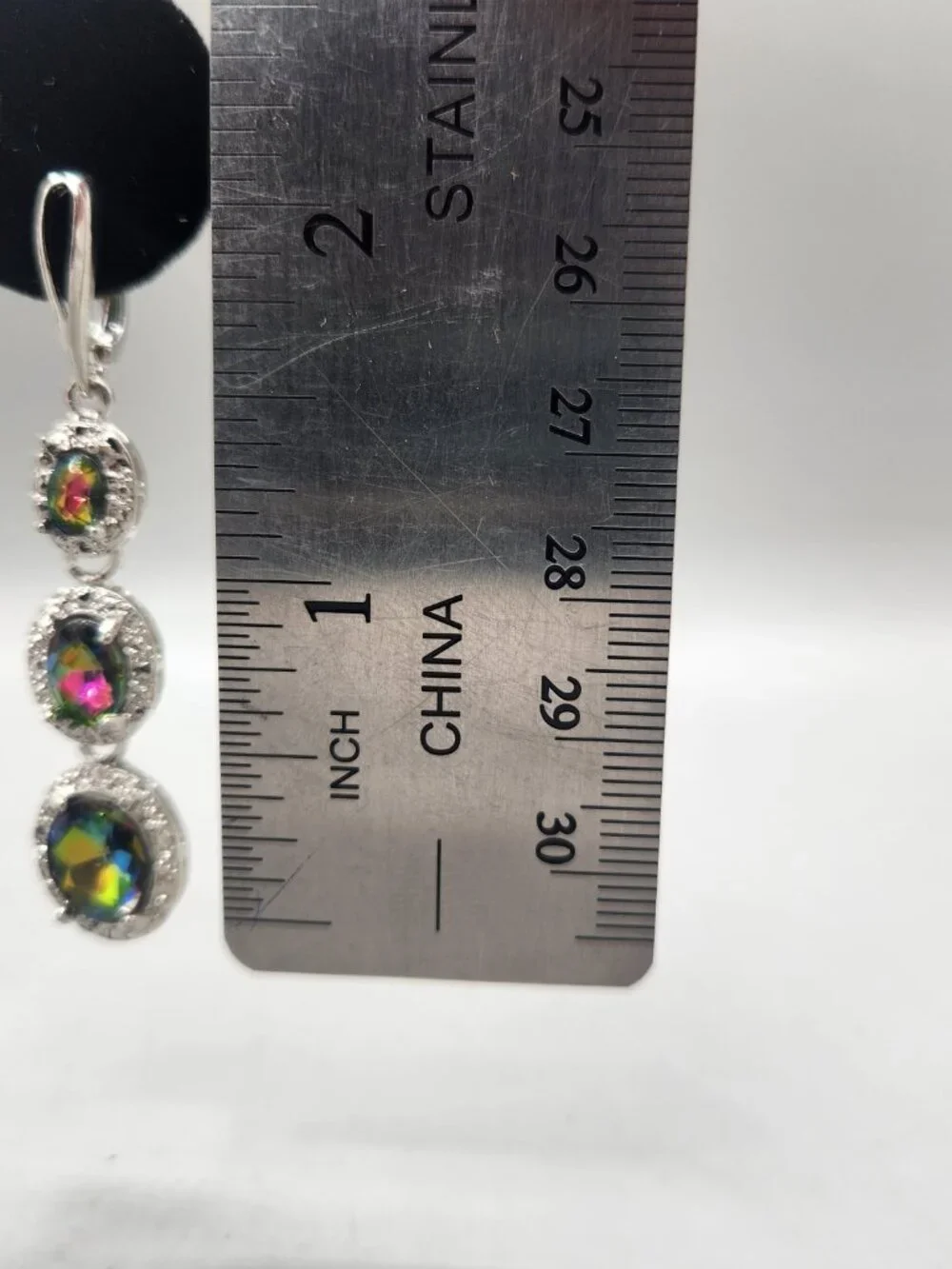 Rainbow Rhinestone Dangle Earrings Mystic Topaz Color Silver Tone Two Inch